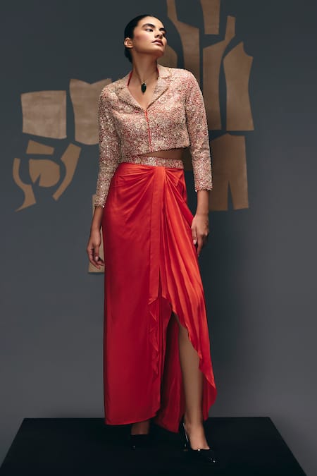 Sana Barreja Medusa Embroidered Jacket With Draped Skirt 