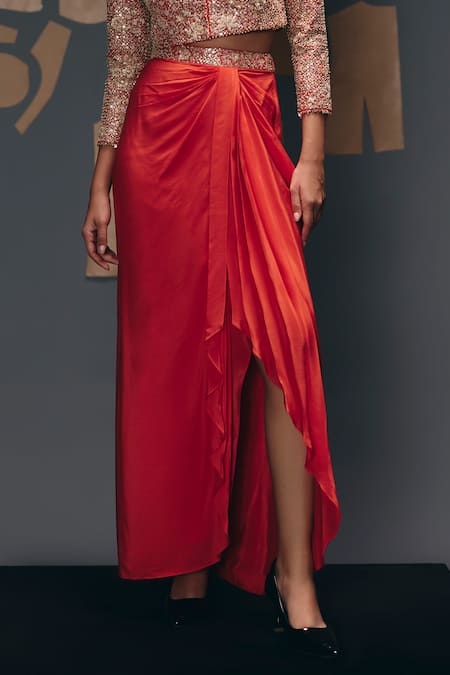 Sana Barreja_Coral Silk, Crepe Beads, Sequins, Embroidery, Medusa Jacket With Draped Skirt _Online_at_Aza_Fashions