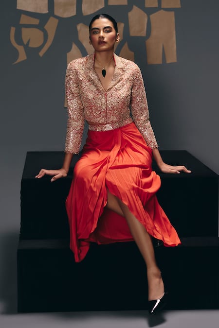 Buy_Sana Barreja_Coral Silk, Crepe Beads, Sequins, Embroidery, Medusa Jacket With Draped Skirt _Online_at_Aza_Fashions
