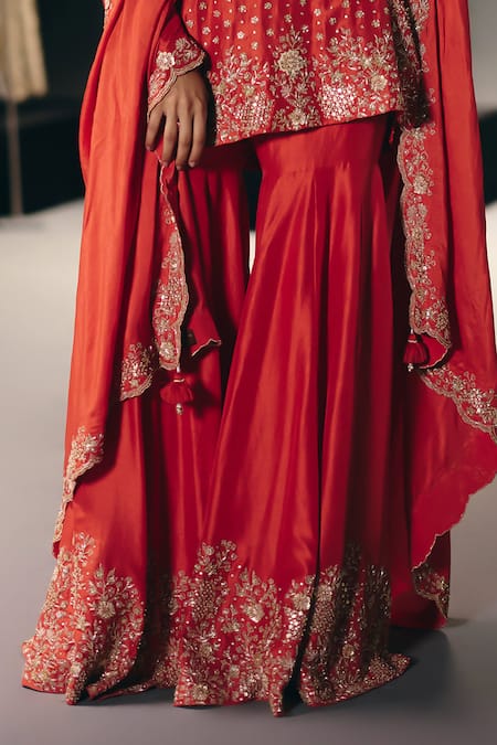 Sana Barreja_Coral Silk, Dupion Embroidery, Beads, Sequins, Zari Split Flower Ball Kurta Set _Online_at_Aza_Fashions