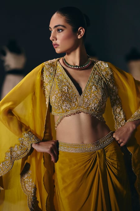 Sana Barreja_Yellow Silk Organza, Silk, Crepe Beads, Impression Border Cape Skirt Set _Online_at_Aza_Fashions