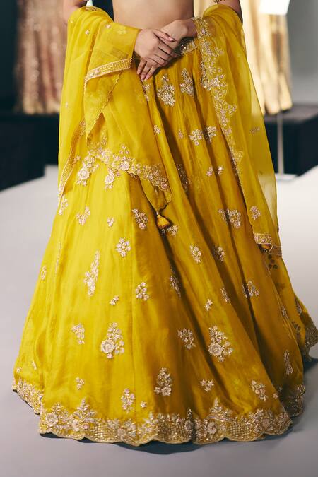Sana Barreja_Yellow Silk Organza, Silk, Dupion Beads, Crystals, Empire Of Light Lehenga Set _Online_at_Aza_Fashions