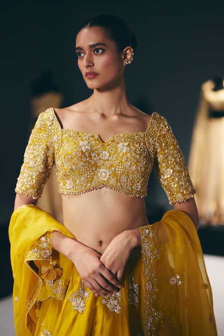 Buy_Sana Barreja_Yellow Silk Organza, Silk, Dupion Beads, Crystals, Empire Of Light Lehenga Set _Online_at_Aza_Fashions