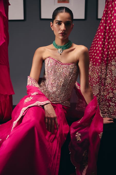 Sana Barreja_Fuchsia Silk Organza, Silk, Crepe Beads, The Swing Hand Cape Skirt Set _Online_at_Aza_Fashions