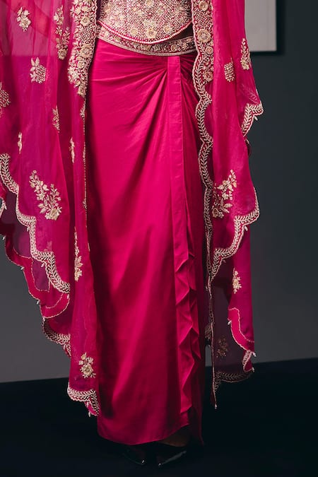 Buy_Sana Barreja_Fuchsia Silk Organza, Silk, Crepe Beads, The Swing Hand Cape Skirt Set _Online_at_Aza_Fashions