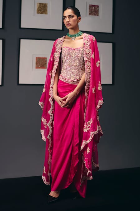 Shop_Sana Barreja_Fuchsia Silk Organza, Silk, Crepe Beads, The Swing Hand Cape Skirt Set _Online_at_Aza_Fashions