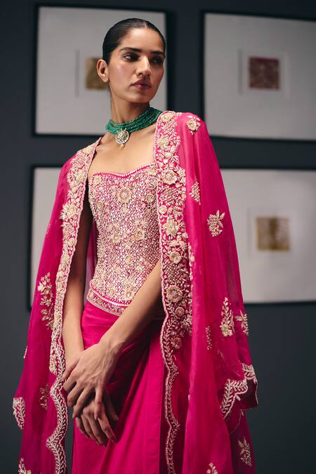 Sana Barreja_Fuchsia Silk Organza, Silk, Crepe Beads, The Swing Hand Cape Skirt Set _at_Aza_Fashions