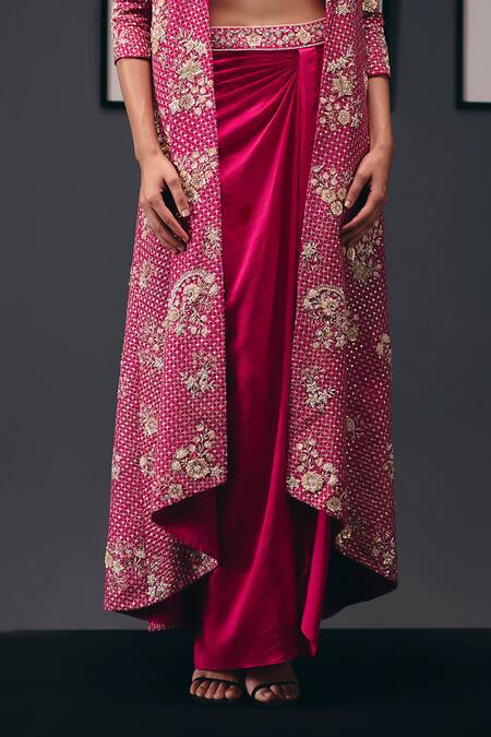 Sana Barreja_Fuchsia Silk, Crepe Beads, Crystals, Self Potrait Jacket Draped Skirt Set _Online_at_Aza_Fashions