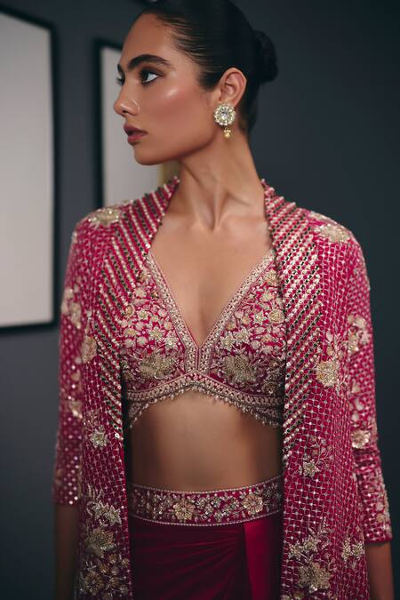 Buy_Sana Barreja_Fuchsia Silk, Crepe Beads, Crystals, Self Potrait Jacket Draped Skirt Set _Online_at_Aza_Fashions