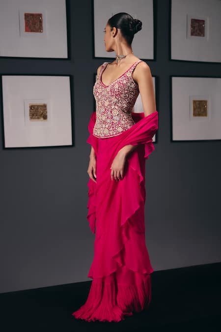 Buy_Sana Barreja_Fuchsia Chiffon Beads, Crystals, The Joy Of Life Pre-draped Saree With Corset _Online_at_Aza_Fashions