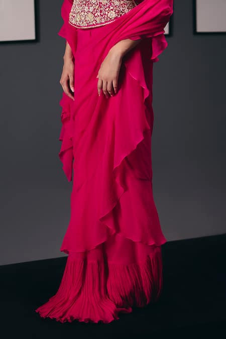 Shop_Sana Barreja_Fuchsia Chiffon Beads, Crystals, The Joy Of Life Pre-draped Saree With Corset _Online_at_Aza_Fashions