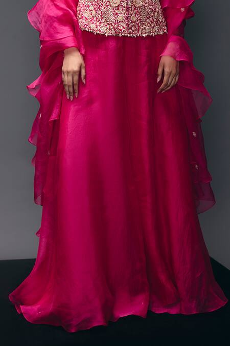 Sana Barreja_Fuchsia Silk Organza, Dupion Beads, Crystals, The Tempest Jacket Sharara Set _Online_at_Aza_Fashions