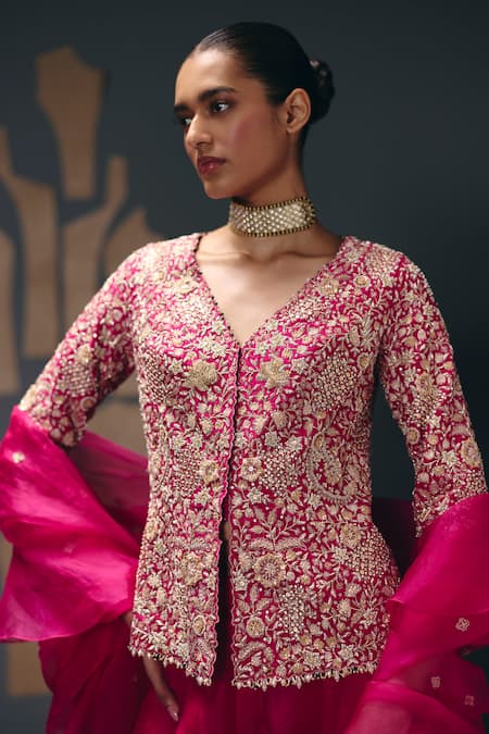 Buy_Sana Barreja_Fuchsia Silk Organza, Dupion Beads, Crystals, The Tempest Jacket Sharara Set _Online_at_Aza_Fashions