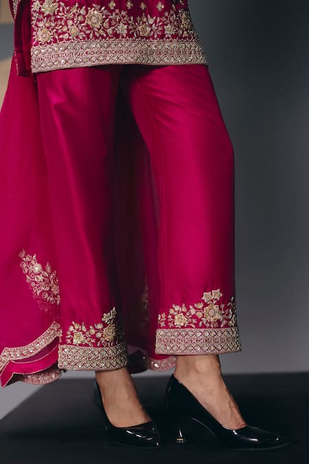 Sana Barreja_Fuchsia Dupion, Silk Embroidery, Beads, Crystals, Olympia Geometric Kurta Set _Online_at_Aza_Fashions