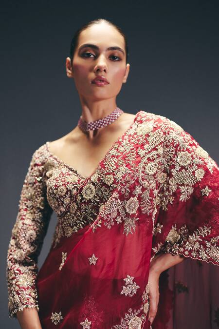 Sana Barreja_Red Silk Organza, Dupion Embroidery, Beads, Memory Pre-draped Saree With Blouse _Online_at_Aza_Fashions