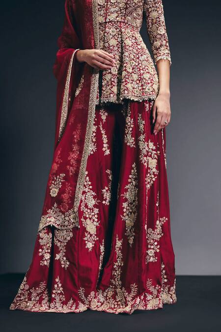 Sana Barreja_Red Dupion, Silk , Beads, Crystals, The Studio Peplum Kurta Set _Online_at_Aza_Fashions