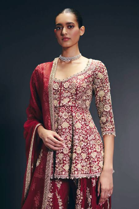 Buy_Sana Barreja_Red Dupion, Silk , Beads, Crystals, The Studio Peplum Kurta Set _Online_at_Aza_Fashions