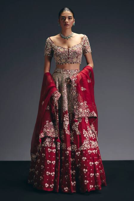 Sana Barreja_Red Silk, Dupion, Organza Beads, Crystals, The Lovers Floral Lehenga Set _Online_at_Aza_Fashions