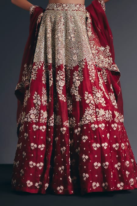 Buy_Sana Barreja_Red Silk, Dupion, Organza Beads, Crystals, The Lovers Floral Lehenga Set _Online_at_Aza_Fashions