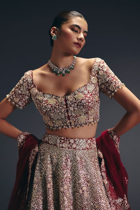 Shop_Sana Barreja_Red Silk, Dupion, Organza Beads, Crystals, The Lovers Floral Lehenga Set _Online_at_Aza_Fashions