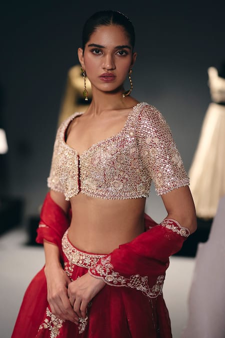 Sana Barreja_Red , Chiffon, Silk Beads, The Scarlet Garden Lehenga Set _Online_at_Aza_Fashions