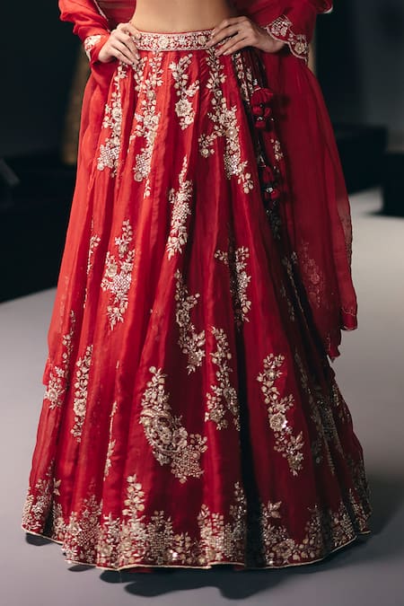 Buy_Sana Barreja_Red , Chiffon, Silk Beads, The Scarlet Garden Lehenga Set _Online_at_Aza_Fashions