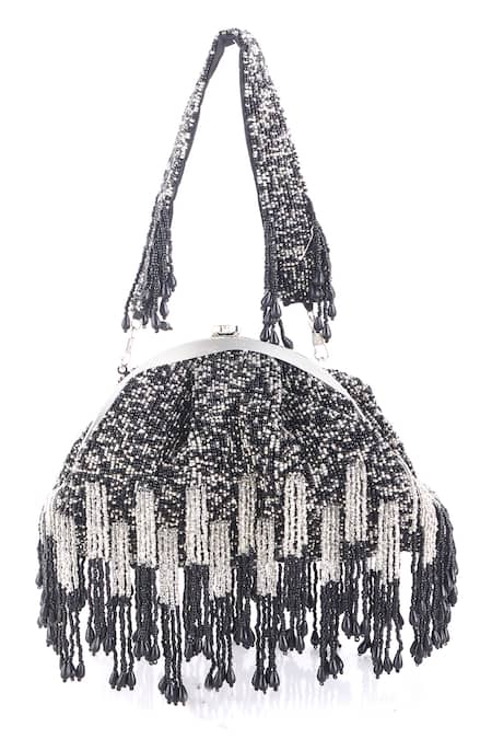 Shop Nazaakat By Samara Singh Black Beads, Tassels Beaded Fringe Batua Bag With Detachable Handle at Aza Fashions Shop_Nazaakat By Samara Singh_Black Beads, Tassels Beaded Fringe Batua Bag With Detachable Handle _at_Aza_Fashions