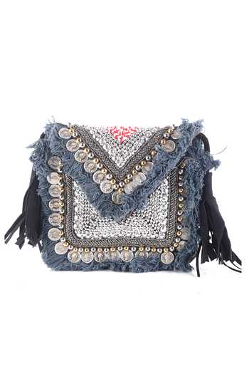 Nazaakat By Samara Singh_Black Beads, Studs, Tassels Coin And Fringe Embellished Boho Bag _at_Aza_Fashions