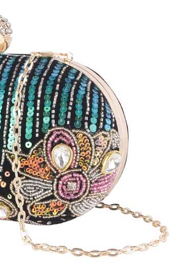 Shop_Nazaakat By Samara Singh_Black Sequins, Rhinestones, Beads, Embroidery And Stone Clutch Bag _Online_at_Aza_Fashions