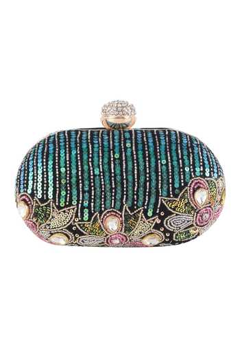 Shop_Nazaakat By Samara Singh_Black Sequins, Rhinestones, Beads, Embroidery And Stone Clutch Bag 