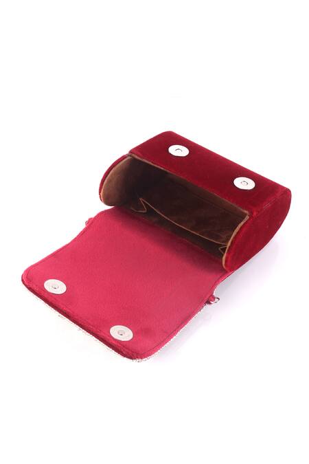 Nazaakat By Samara Singh_Red Crystals, Rhinestones Velvet Embellished Flap Bag _Online_at_Aza_Fashions