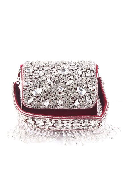 Buy_Nazaakat By Samara Singh_Red Crystals, Rhinestones Velvet Embellished Flap Bag _Online_at_Aza_Fashions