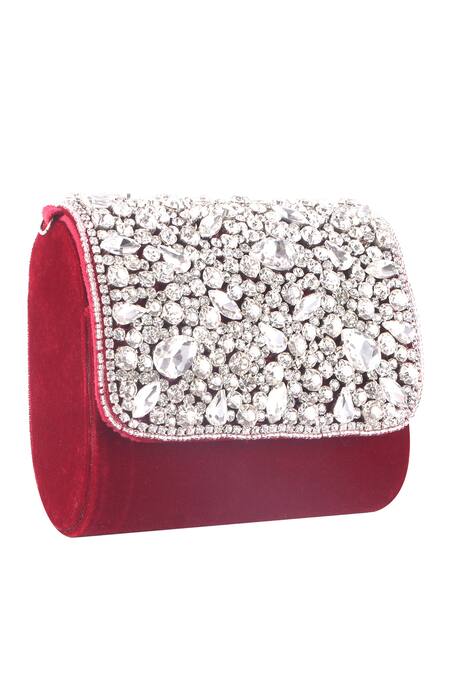 Buy_Nazaakat By Samara Singh_Red Crystals, Rhinestones Velvet Embellished Flap Bag 