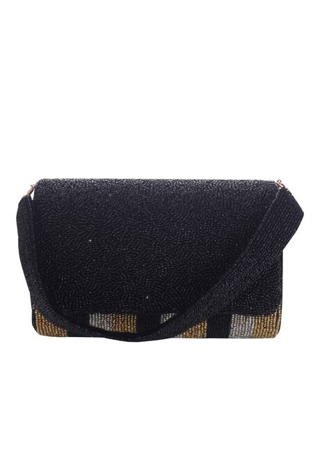 Nazaakat By Samara Singh Black Beads Flap Bag With Striped Pattern Online at Aza Fashions Nazaakat By Samara Singh_Black Beads Flap Bag With Striped Pattern _Online_at_Aza_Fashions