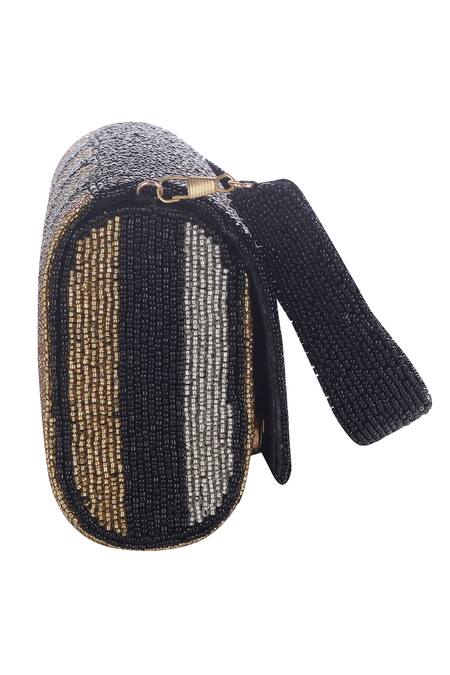 Shop Nazaakat By Samara Singh Black Beads Flap Bag With Striped Pattern Online at Aza Fashions Shop_Nazaakat By Samara Singh_Black Beads Flap Bag With Striped Pattern _Online_at_Aza_Fashions