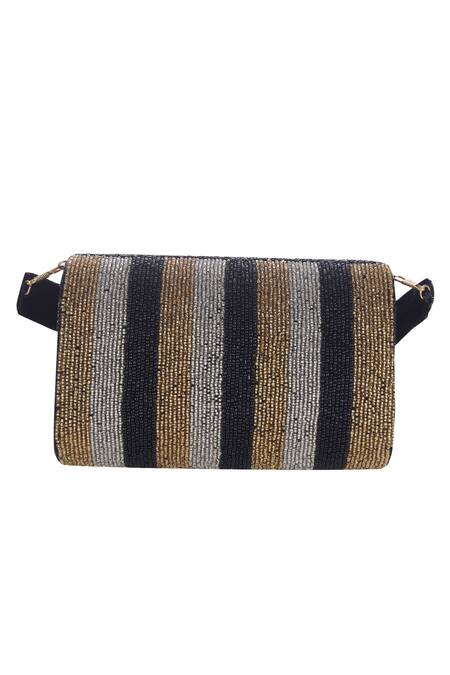 Nazaakat By Samara Singh Black Beads Flap Bag With Striped Pattern at Aza Fashions Nazaakat By Samara Singh_Black Beads Flap Bag With Striped Pattern _at_Aza_Fashions