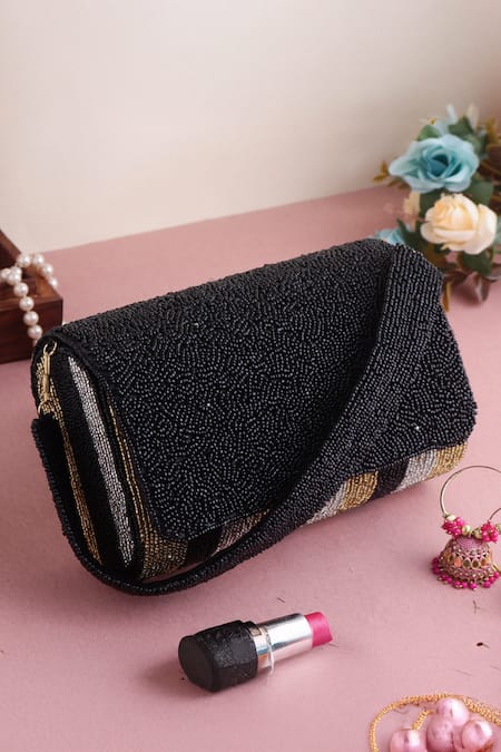 Nazaakat By Samara Singh Beaded Flap Bag with Striped Pattern