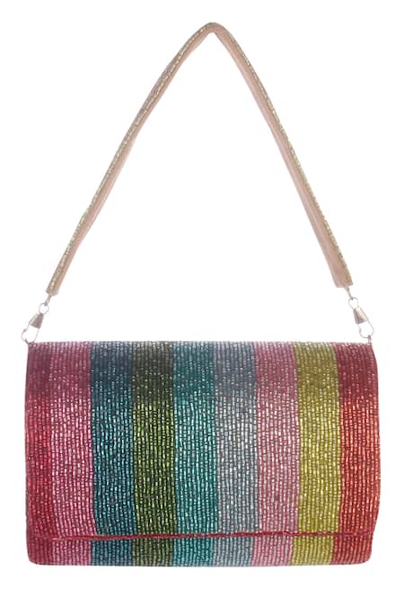 Nazaakat By Samara Singh Multi Colour Striped Beaded Flap Bag 