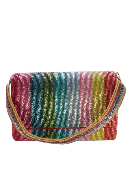 Nazaakat By Samara Singh_Multi Color Beads Striped Flap Bag _Online_at_Aza_Fashions