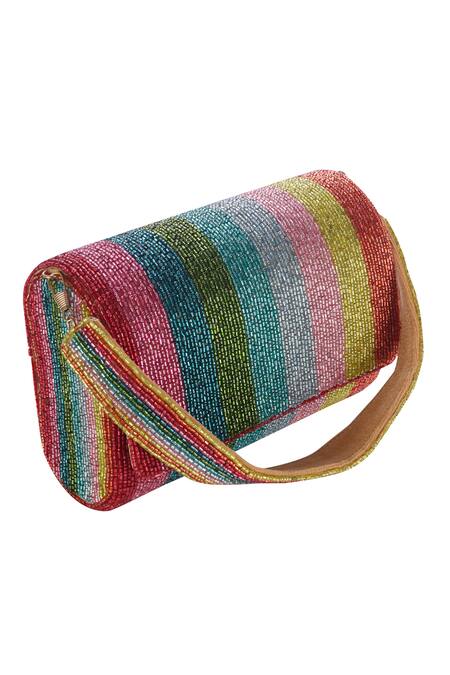 Buy_Nazaakat By Samara Singh_Multi Color Beads Striped Flap Bag _Online_at_Aza_Fashions