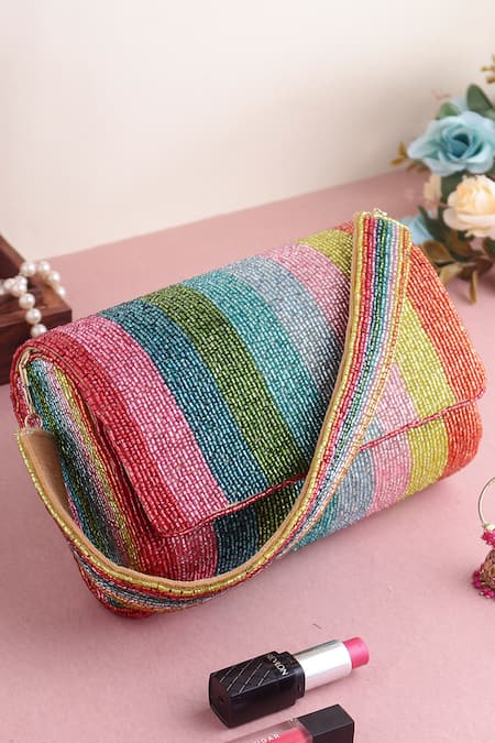 Nazaakat By Samara Singh Multi Colour Striped Beaded Flap Bag 