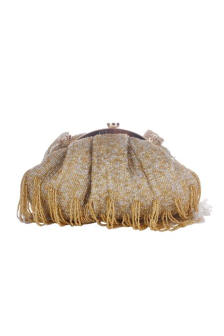 Shop_Nazaakat By Samara Singh_Gold Beads, Tassels Beaded Fringe Batua Bag With Detachable Handle_Online_at_Aza_Fashions