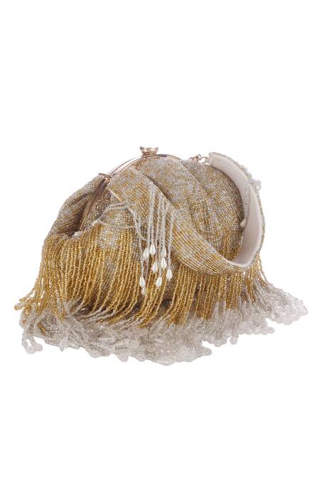Nazaakat By Samara Singh_Gold Beads, Tassels Beaded Fringe Batua Bag With Detachable Handle_at_Aza_Fashions