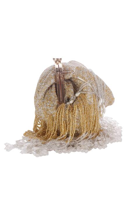 Buy_Nazaakat By Samara Singh_Gold Beads, Tassels Beaded Fringe Batua Bag With Detachable Handle