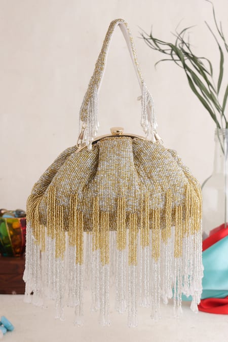 Nazaakat By Samara Singh Beaded Fringe Batua Bag With Detachable Handle 