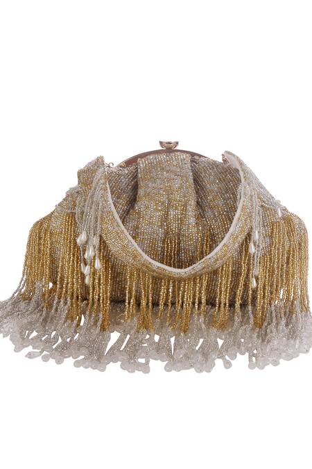 Shop_Nazaakat By Samara Singh_Gold Beads, Tassels Beaded Fringe Batua Bag With Detachable Handle