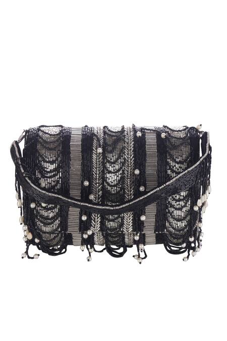 Nazaakat By Samara Singh_Black Beads, Pearls Beaded Embellished Flap Bag _at_Aza_Fashions