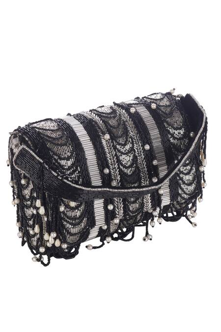 Shop_Nazaakat By Samara Singh_Black Beads, Pearls Beaded Embellished Flap Bag 