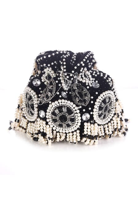 Buy_Nazaakat By Samara Singh_Black Beads, Pearls, Crystals, Tassels Beaded And Stone Potli Bag _Online_at_Aza_Fashions