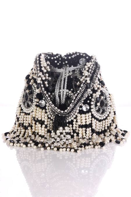 Shop_Nazaakat By Samara Singh_Black Beads, Pearls, Crystals, Tassels Beaded And Stone Potli Bag _Online_at_Aza_Fashions
